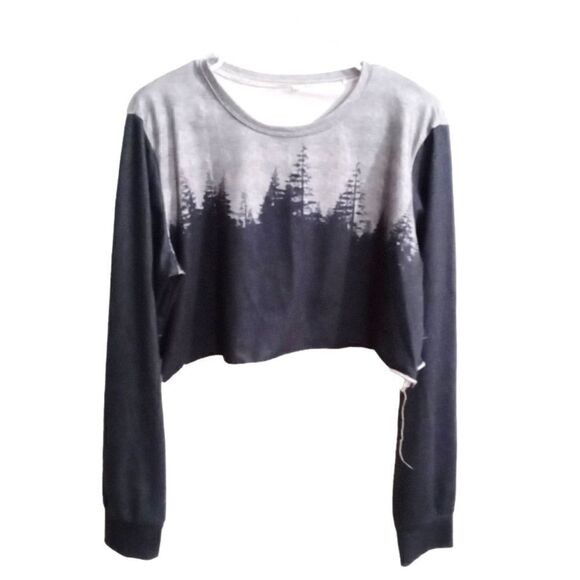 Cropped Sweatshirt Size 2XL Dark Gray Light Gray Trees Graphic Front and Back - Picture 1 of 4